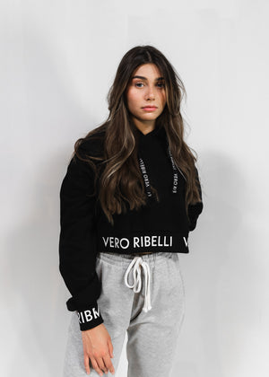 WOMEN'S PRINTED BLACK CROPPED HOODIE